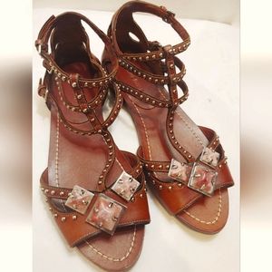 MIU MIU Brown Leather Studded Tri-Buckle Flat T-Strap Sandals Women's US 6.5B